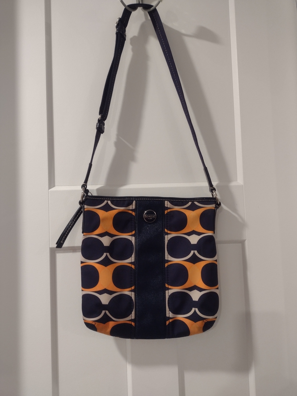 Coach Navy and Orange Signature Monogram Circle Crossbody Bag - Picture 2 of 6